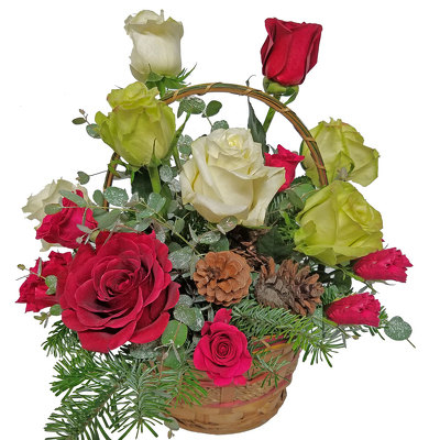 Holiday Roses in a Basket from your local Clinton,TN florist, Knight's Flowers